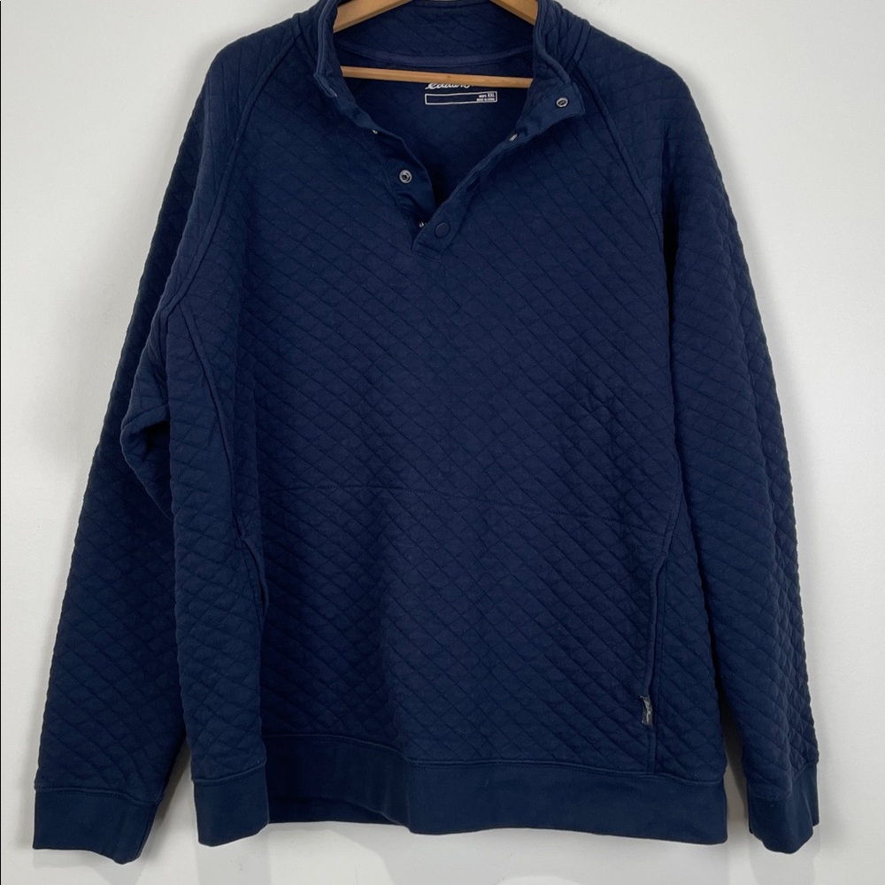 Eddie Bauer Mens XXL Quilted 1/4 Snap Button Collar Sweater Sweatshirt Navy Blue